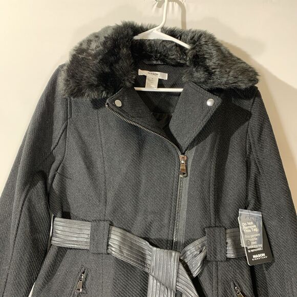 Mason Signature NWT Long Winter Coat Black Fur Collar Womens M - Picture 3 of 9